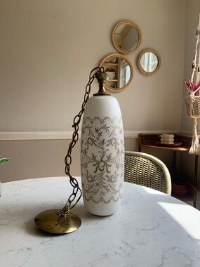 Vintage MCM  White & Gold Pendant Swag Lamp - Decorative Floral Design